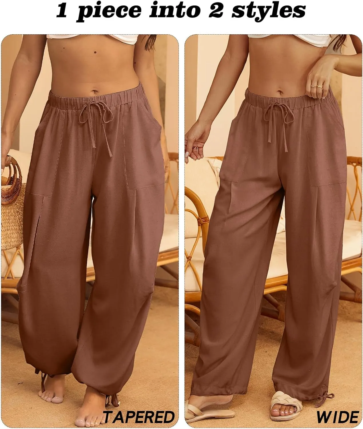 Women Linen Harem Pants Summer Drawstring Casual Lounge Baggy Pant Beach Travel Vacation Trousers with Pockets
