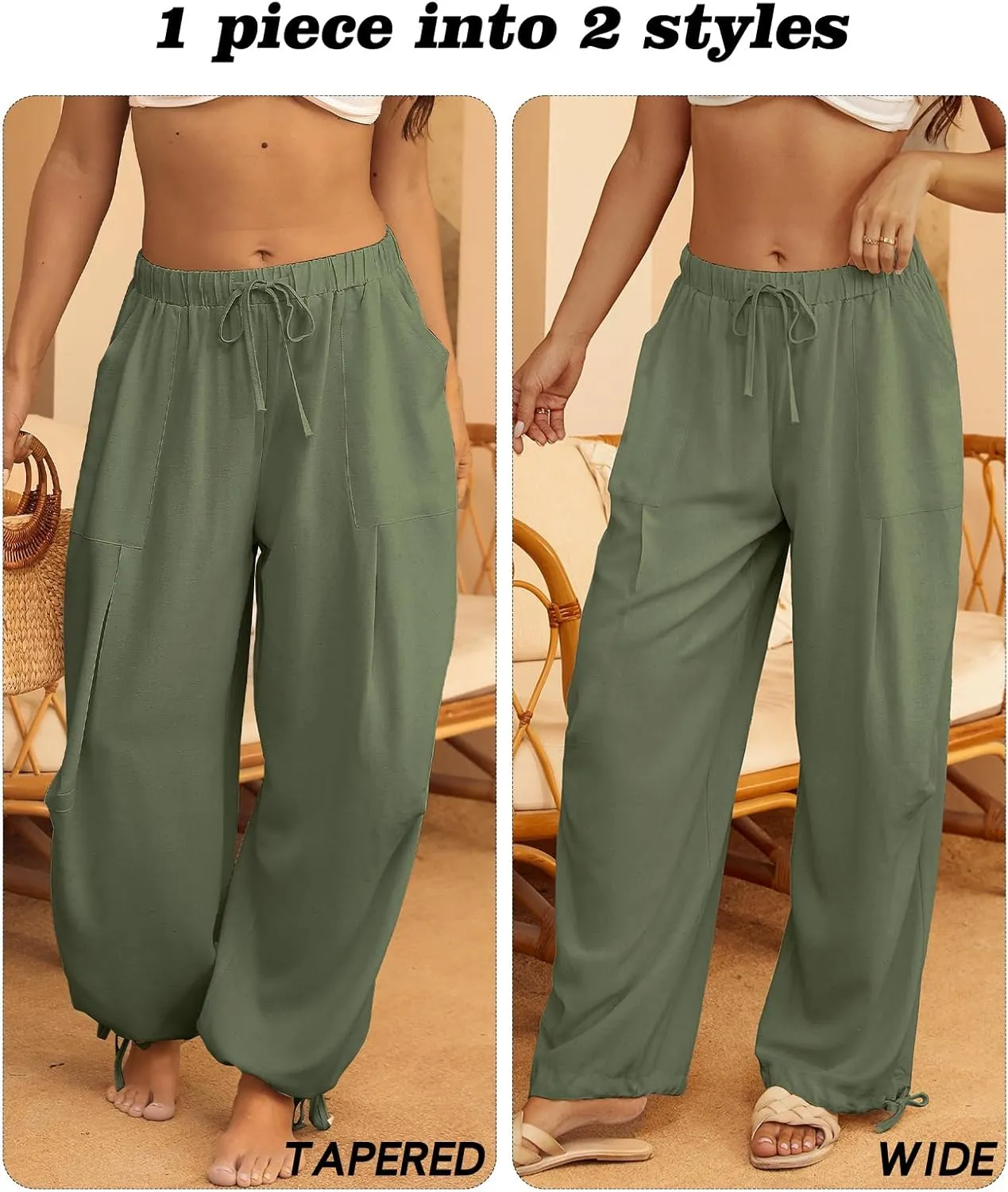 Women Linen Harem Pants Summer Drawstring Casual Lounge Baggy Pant Beach Travel Vacation Trousers with Pockets