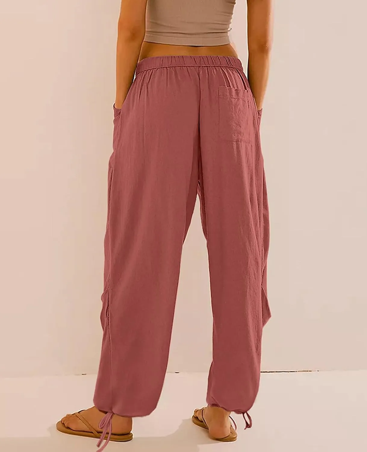 Women Linen Harem Pants Summer Drawstring Casual Lounge Baggy Pant Beach Travel Vacation Trousers with Pockets