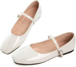 Women Mary Jane Candy Color Flats Adjustable Ankle Strap Comfortable Square Toe Pu Leather Ballet Dance Shoes Low Heel Office Party Dress Shoes