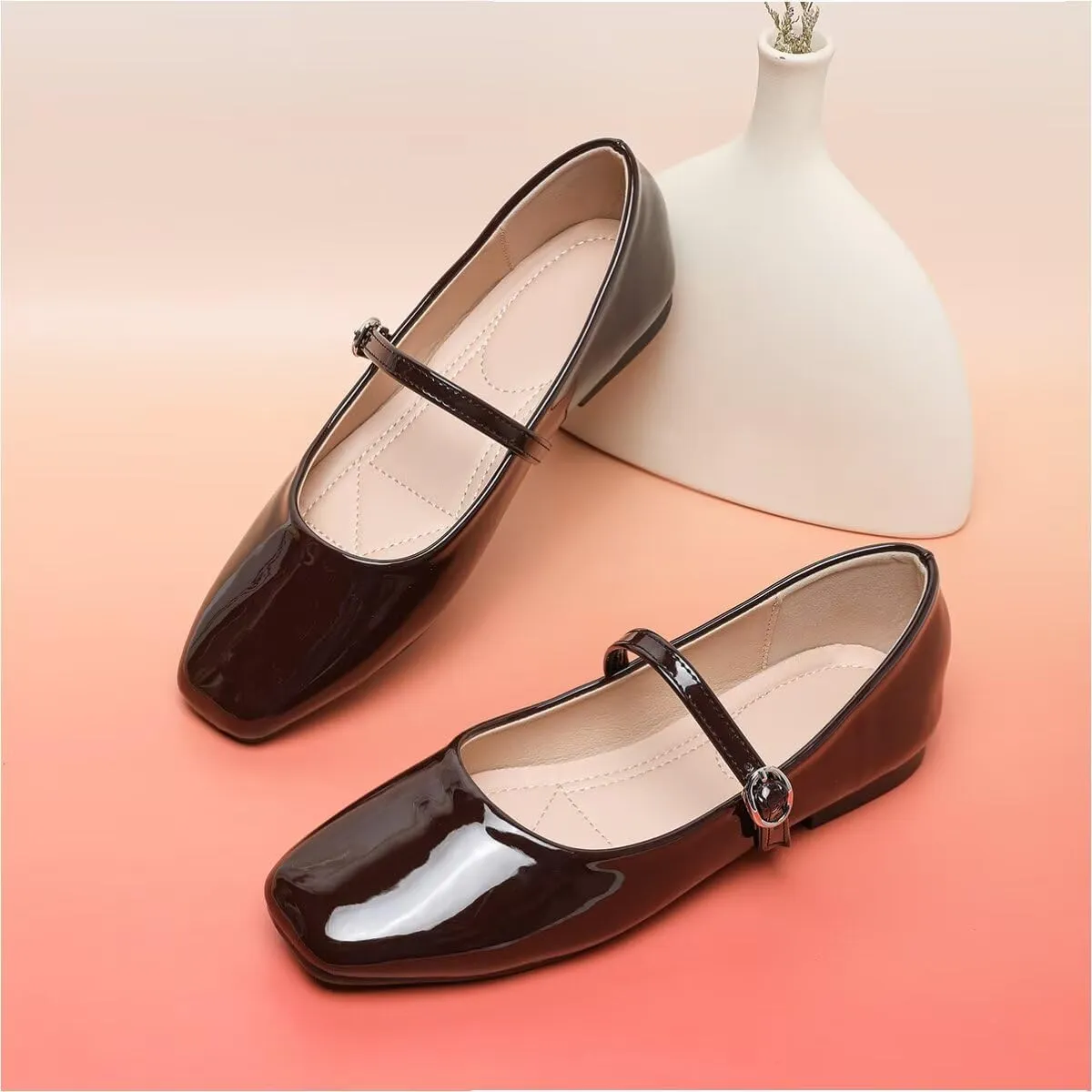 Women Mary Jane Candy Color Flats Adjustable Ankle Strap Comfortable Square Toe Pu Leather Ballet Dance Shoes Low Heel Office Party Dress Shoes