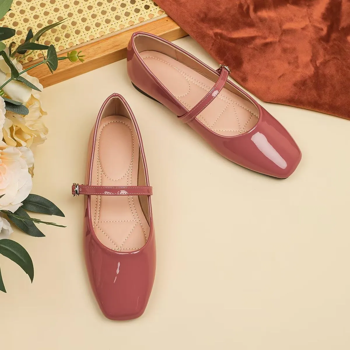 Women Mary Jane Candy Color Flats Adjustable Ankle Strap Comfortable Square Toe Pu Leather Ballet Dance Shoes Low Heel Office Party Dress Shoes