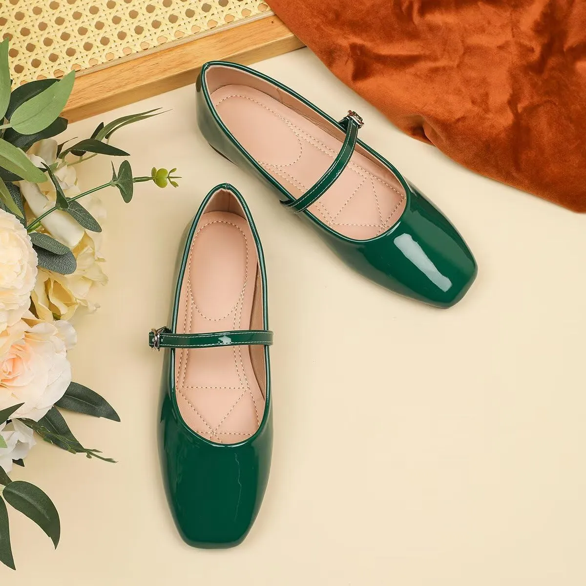 Women Mary Jane Candy Color Flats Adjustable Ankle Strap Comfortable Square Toe Pu Leather Ballet Dance Shoes Low Heel Office Party Dress Shoes