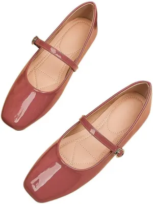 Women Mary Jane Candy Color Flats Adjustable Ankle Strap Comfortable Square Toe Pu Leather Ballet Dance Shoes Low Heel Office Party Dress Shoes