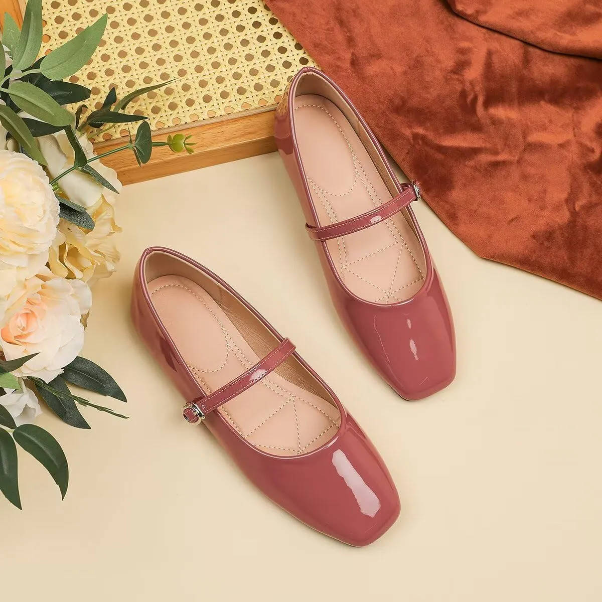 Women Mary Jane Candy Color Flats Adjustable Ankle Strap Comfortable Square Toe Pu Leather Ballet Dance Shoes Low Heel Office Party Dress Shoes
