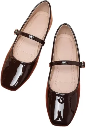Women Mary Jane Candy Color Flats Adjustable Ankle Strap Comfortable Square Toe Pu Leather Ballet Dance Shoes Low Heel Office Party Dress Shoes