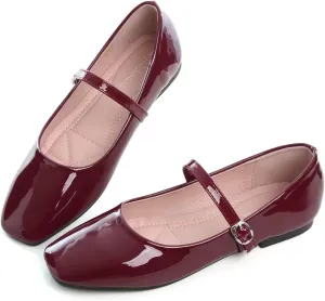 Women Mary Jane Candy Color Flats Adjustable Ankle Strap Comfortable Square Toe Pu Leather Ballet Dance Shoes Low Heel Office Party Dress Shoes