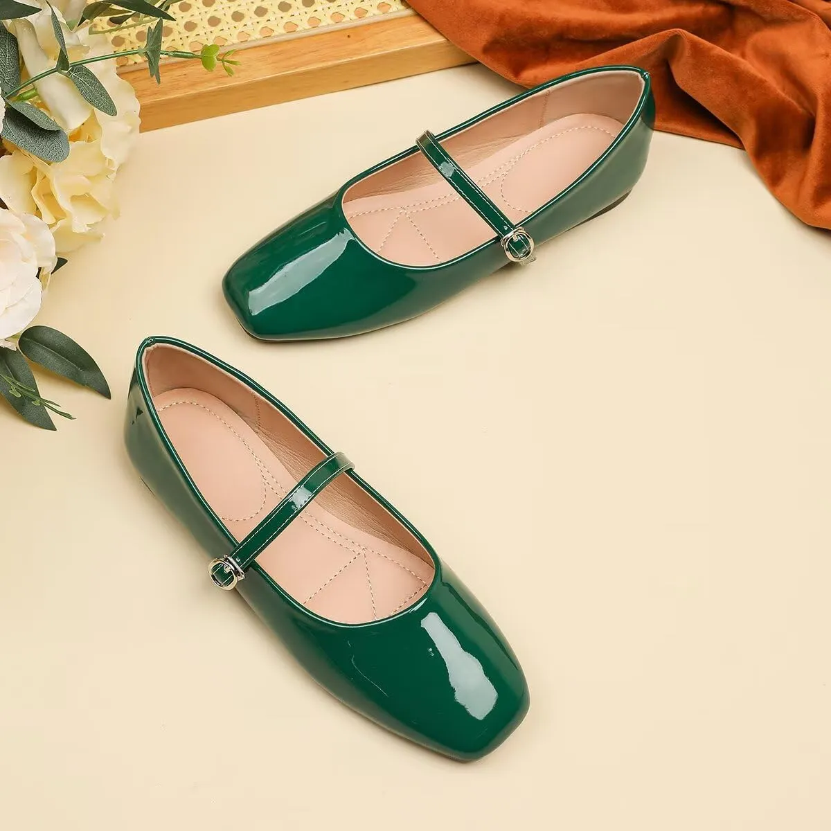 Women Mary Jane Candy Color Flats Adjustable Ankle Strap Comfortable Square Toe Pu Leather Ballet Dance Shoes Low Heel Office Party Dress Shoes