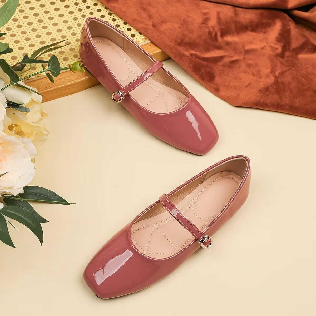 Women Mary Jane Candy Color Flats Adjustable Ankle Strap Comfortable Square Toe Pu Leather Ballet Dance Shoes Low Heel Office Party Dress Shoes