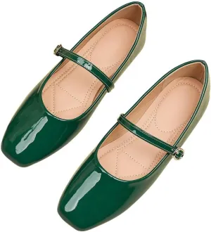 Women Mary Jane Candy Color Flats Adjustable Ankle Strap Comfortable Square Toe Pu Leather Ballet Dance Shoes Low Heel Office Party Dress Shoes