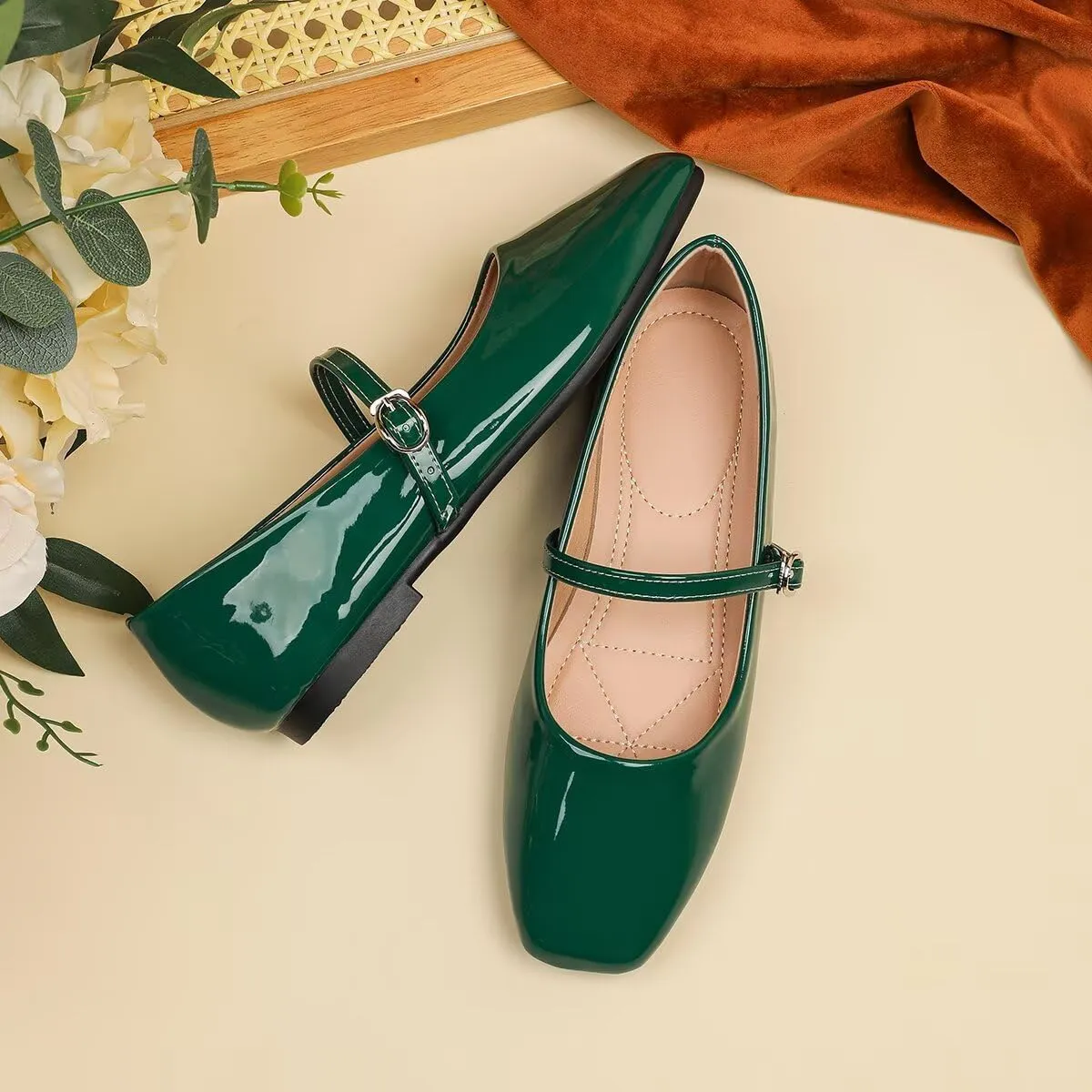 Women Mary Jane Candy Color Flats Adjustable Ankle Strap Comfortable Square Toe Pu Leather Ballet Dance Shoes Low Heel Office Party Dress Shoes