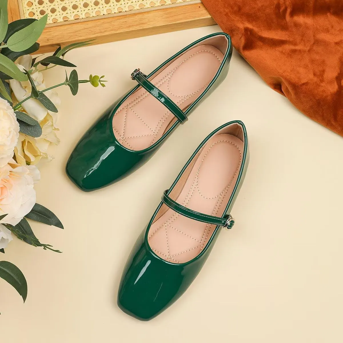 Women Mary Jane Candy Color Flats Adjustable Ankle Strap Comfortable Square Toe Pu Leather Ballet Dance Shoes Low Heel Office Party Dress Shoes