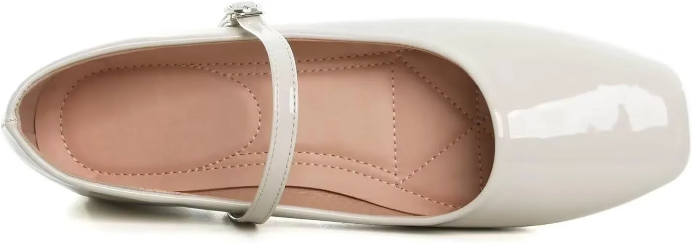 Women Mary Jane Candy Color Flats Adjustable Ankle Strap Comfortable Square Toe Pu Leather Ballet Dance Shoes Low Heel Office Party Dress Shoes
