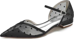 Women Pointed Satin Mesh Closed Toe Bridal Ankle Buckle Shoes Wedding Shoes Low Heel Ballet Flat Sandles