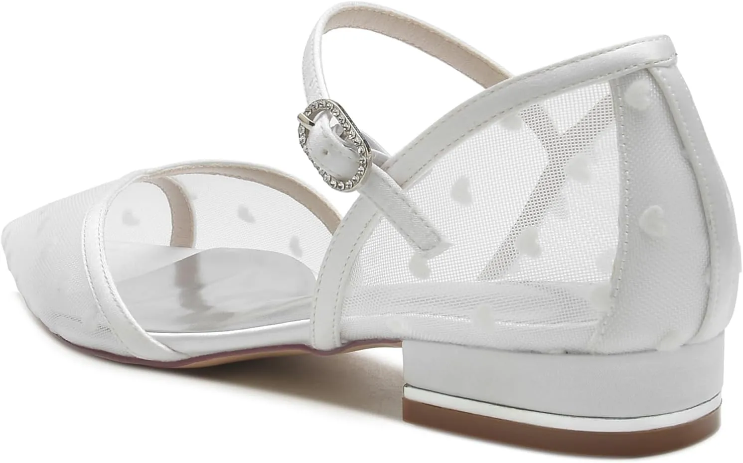 Women Pointed Satin Mesh Closed Toe Bridal Ankle Buckle Shoes Wedding Shoes Low Heel Ballet Flat Sandles