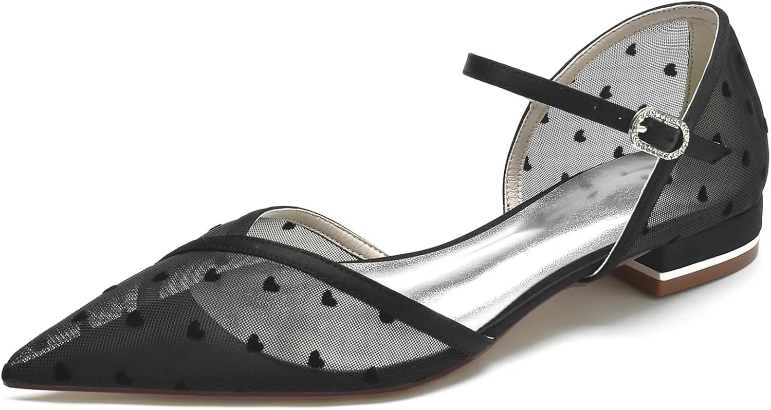 Women Pointed Satin Mesh Closed Toe Bridal Ankle Buckle Shoes Wedding Shoes Low Heel Ballet Flat Sandles