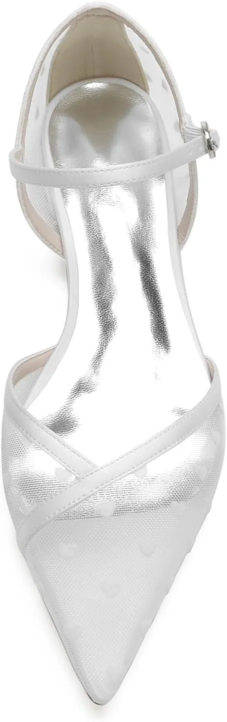 Women Pointed Satin Mesh Closed Toe Bridal Ankle Buckle Shoes Wedding Shoes Low Heel Ballet Flat Sandles