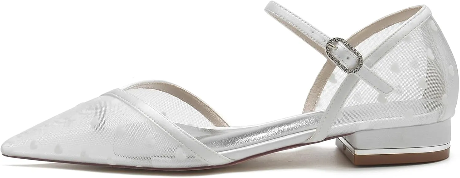 Women Pointed Satin Mesh Closed Toe Bridal Ankle Buckle Shoes Wedding Shoes Low Heel Ballet Flat Sandles