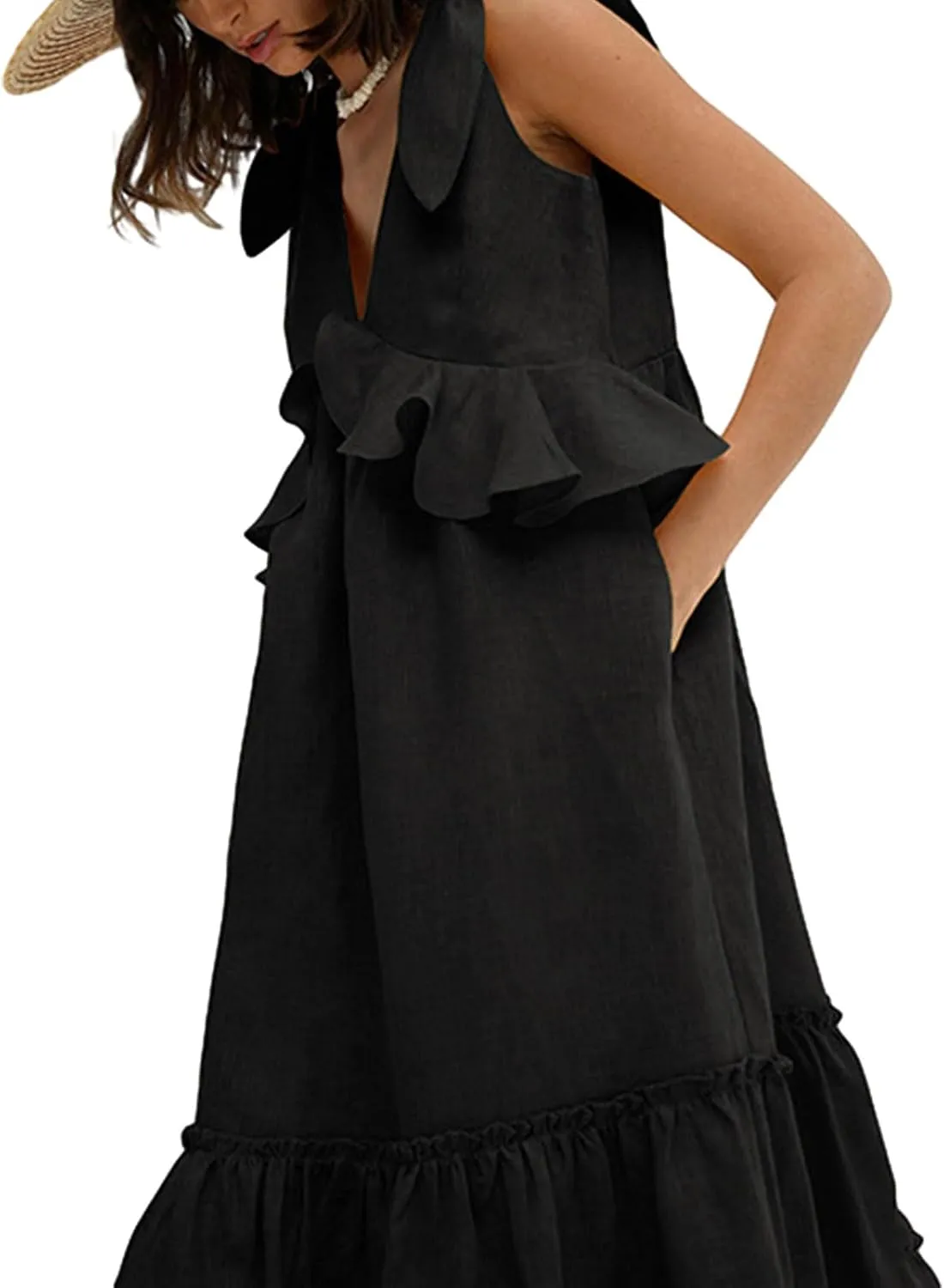 Women Summer Casual Long Dress Solid Color V-Neck Tie Knot Shoulder Sleeveless A-line Ruffles Beach Holiday Dress