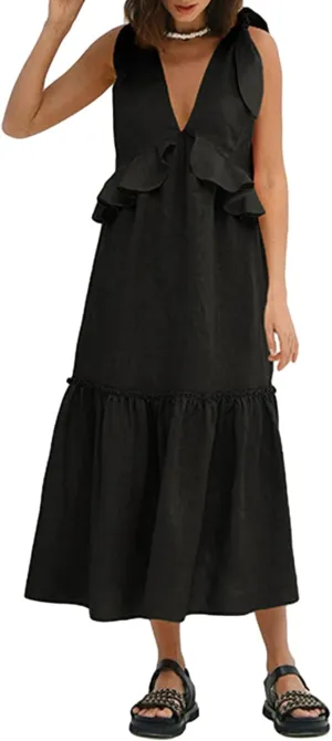 Women Summer Casual Long Dress Solid Color V-Neck Tie Knot Shoulder Sleeveless A-line Ruffles Beach Holiday Dress