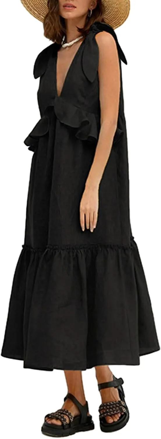 Women Summer Casual Long Dress Solid Color V-Neck Tie Knot Shoulder Sleeveless A-line Ruffles Beach Holiday Dress