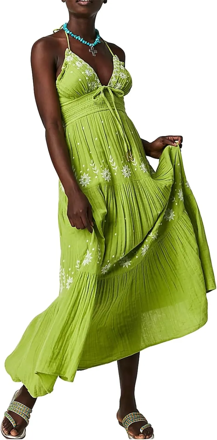 Women Summer Casual Long Flower Embroidery Tie-Up Halter Neck Sleeveless Fashion Backless A-line Dress