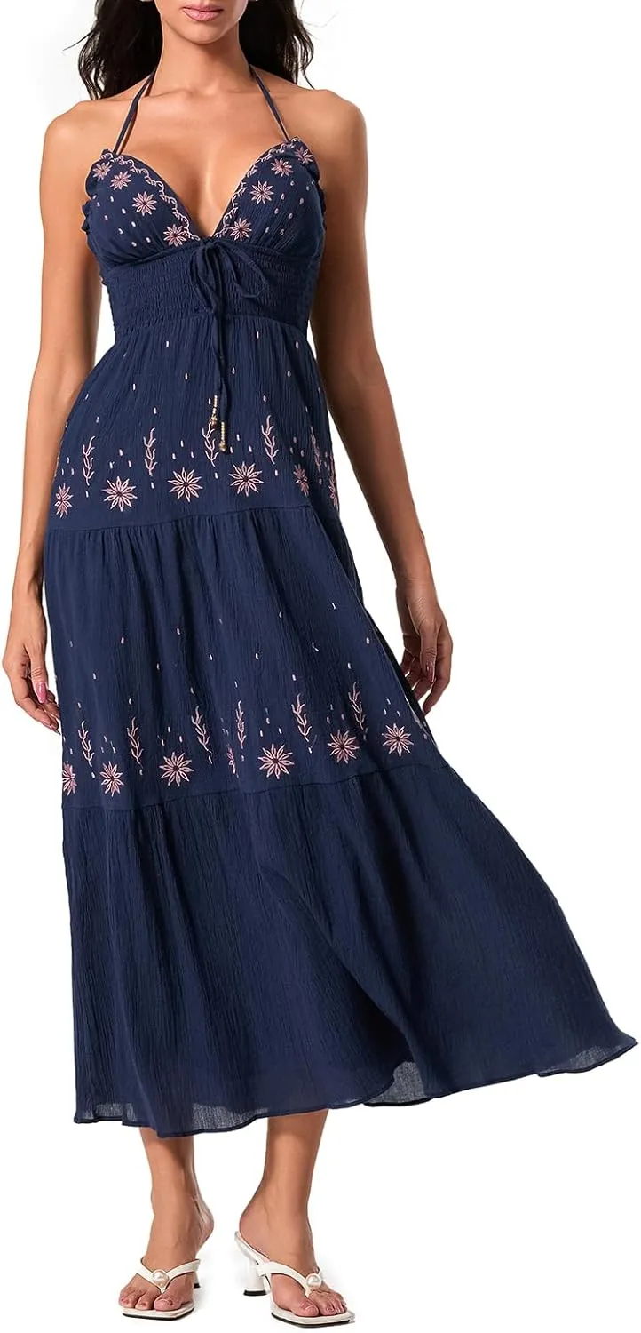 Women Summer Casual Long Flower Embroidery Tie-Up Halter Neck Sleeveless Fashion Backless A-line Dress