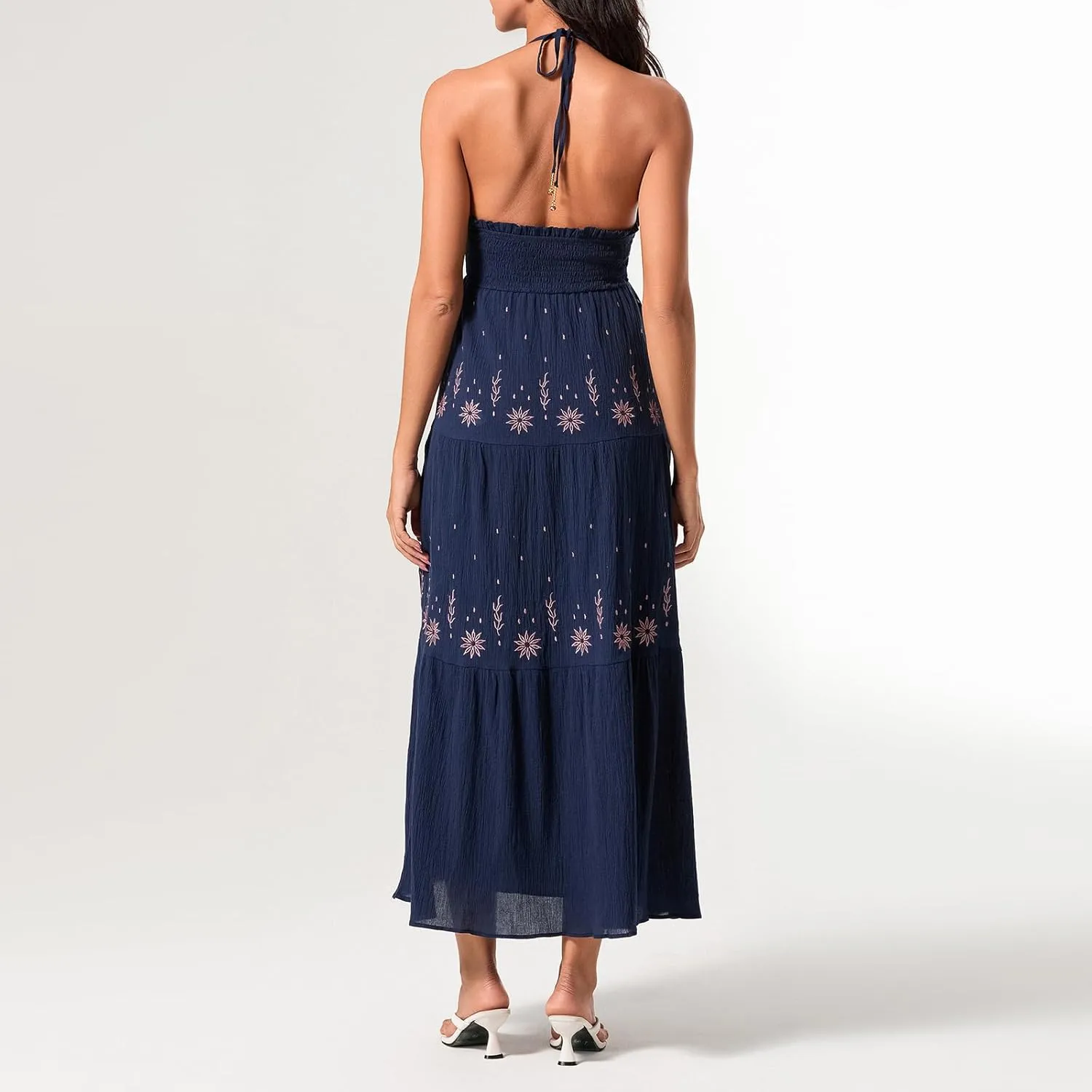 Women Summer Casual Long Flower Embroidery Tie-Up Halter Neck Sleeveless Fashion Backless A-line Dress
