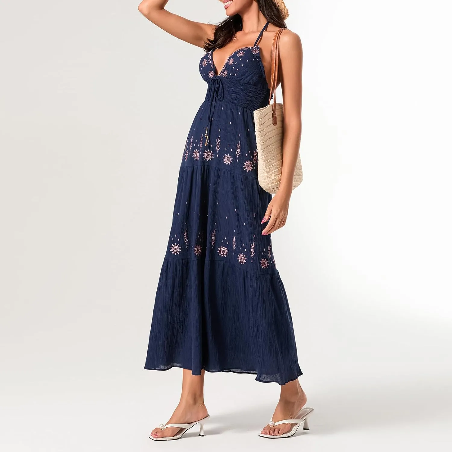 Women Summer Casual Long Flower Embroidery Tie-Up Halter Neck Sleeveless Fashion Backless A-line Dress