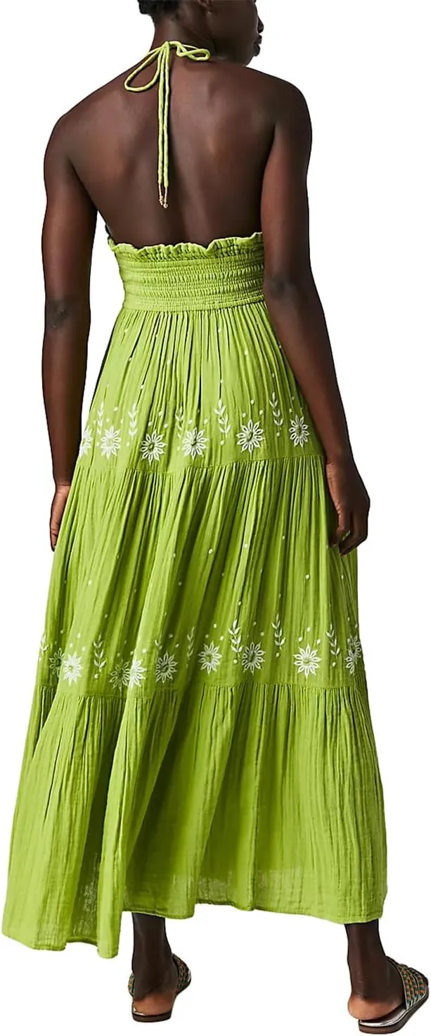 Women Summer Casual Long Flower Embroidery Tie-Up Halter Neck Sleeveless Fashion Backless A-line Dress