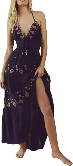 Women Summer Casual Long Flower Embroidery Tie-Up Halter Neck Sleeveless Fashion Backless A-line Dress