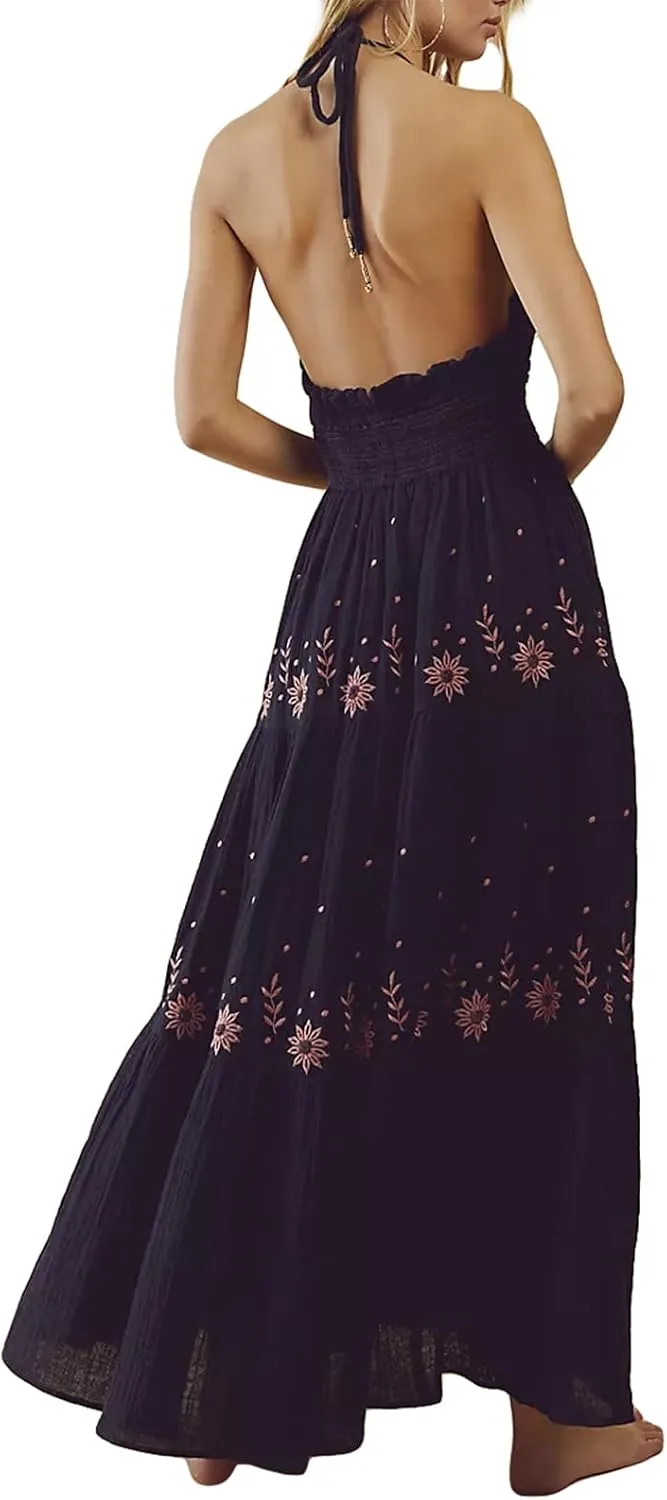 Women Summer Casual Long Flower Embroidery Tie-Up Halter Neck Sleeveless Fashion Backless A-line Dress