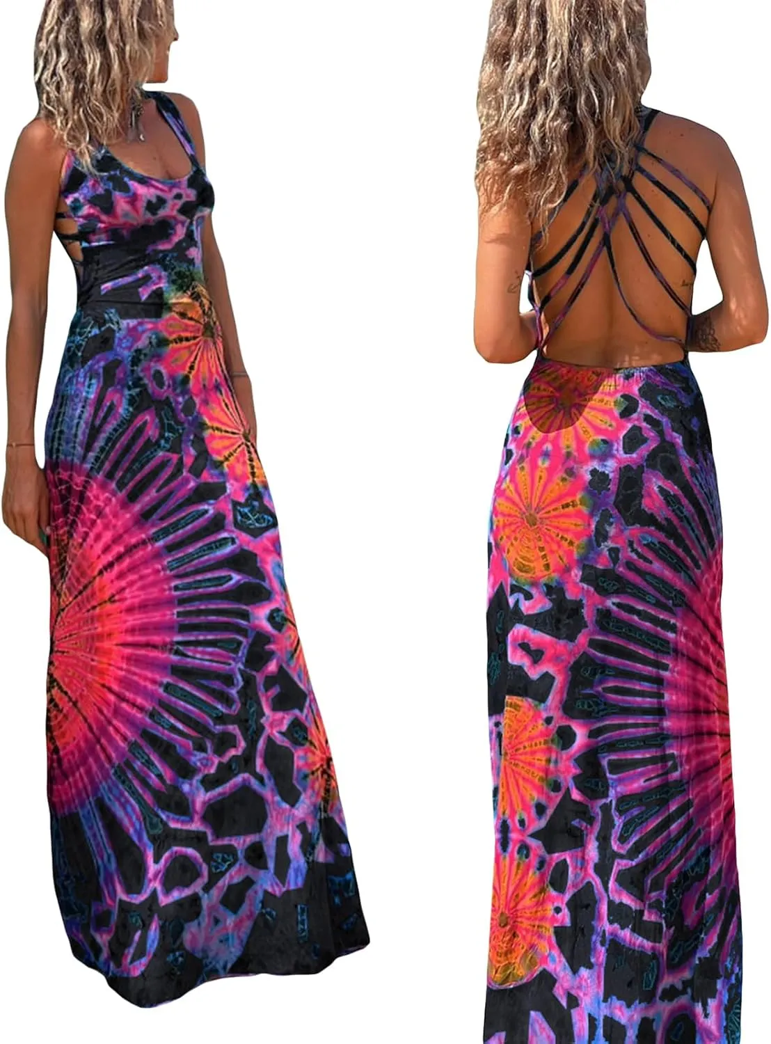 Women Summer Casual Long Tie-Dye Print U-Neck Sleeveless Fashion Cross Backless Dress