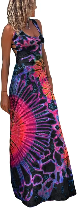 Women Summer Casual Long Tie-Dye Print U-Neck Sleeveless Fashion Cross Backless Dress