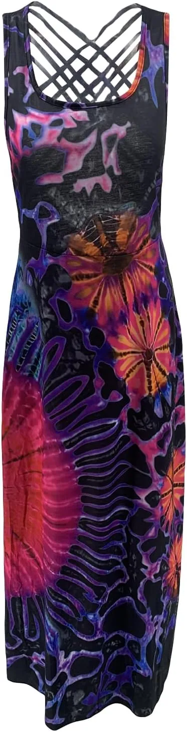 Women Summer Casual Long Tie-Dye Print U-Neck Sleeveless Fashion Cross Backless Dress