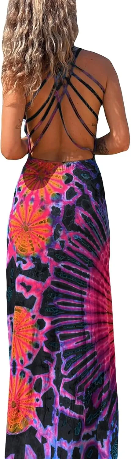 Women Summer Casual Long Tie-Dye Print U-Neck Sleeveless Fashion Cross Backless Dress