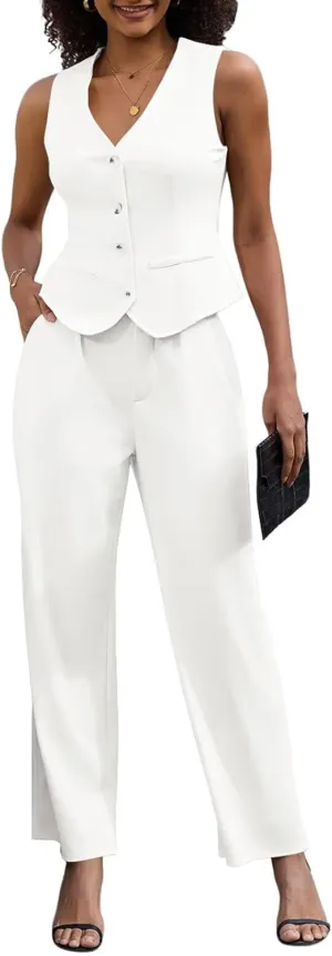Women's 2 Piece Outfits Elegant Blazer Vest Pockets Wide Leg Pant Suit Casual Matching Set