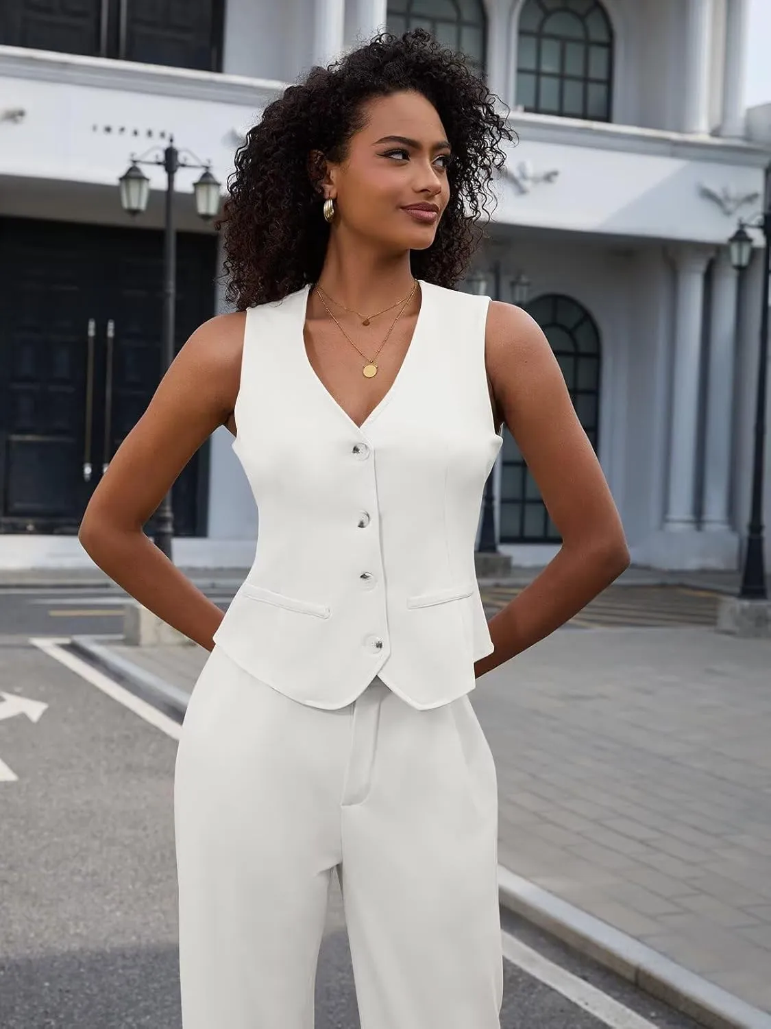 Women's 2 Piece Outfits Elegant Blazer Vest Pockets Wide Leg Pant Suit Casual Matching Set