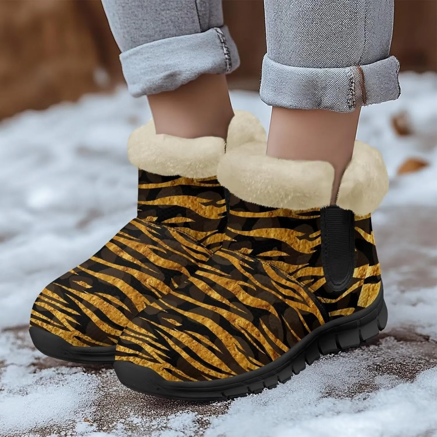 Women's Animal Print Snow Boots Winter Warm Ankle Booties Casual Anti Slip House Shoes with Fuzzy Lining
