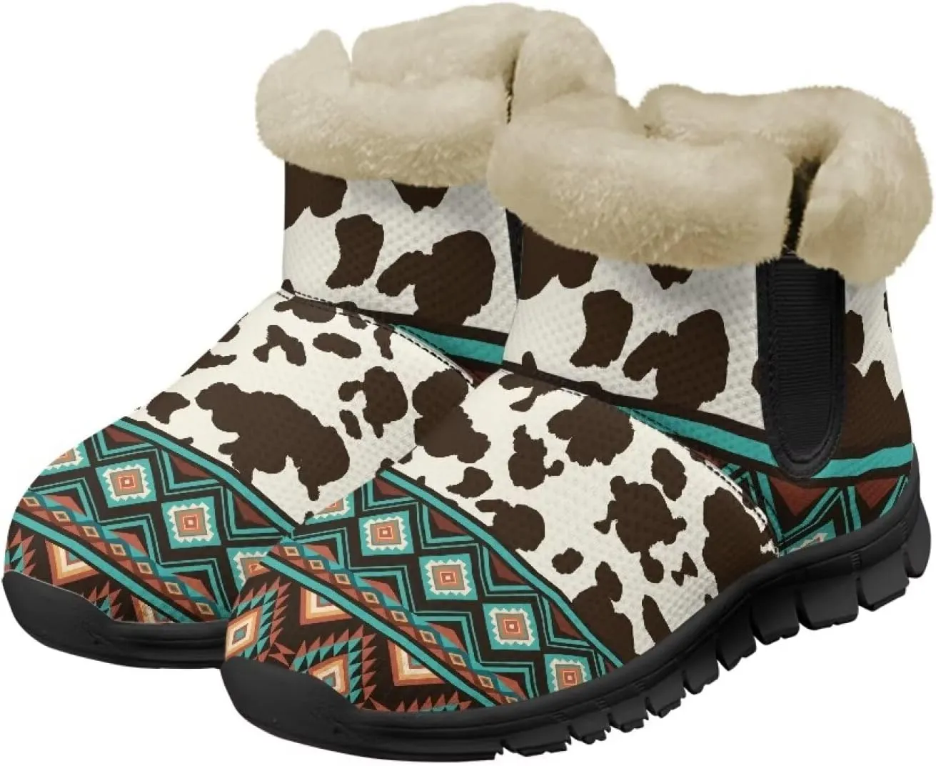 Women's Animal Print Snow Boots Winter Warm Ankle Booties Casual Anti Slip House Shoes with Fuzzy Lining