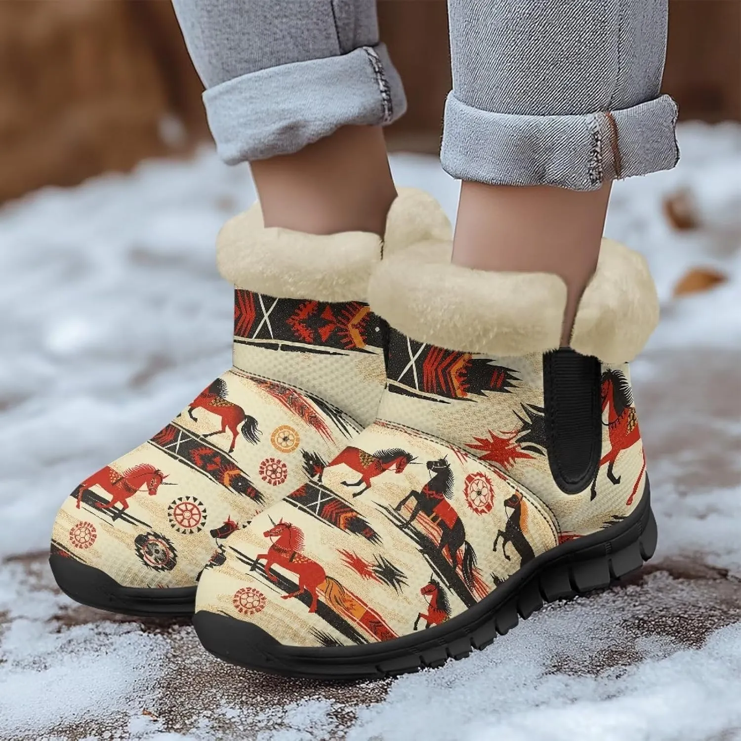 Women's Animal Print Snow Boots Winter Warm Ankle Booties Casual Anti Slip House Shoes with Fuzzy Lining