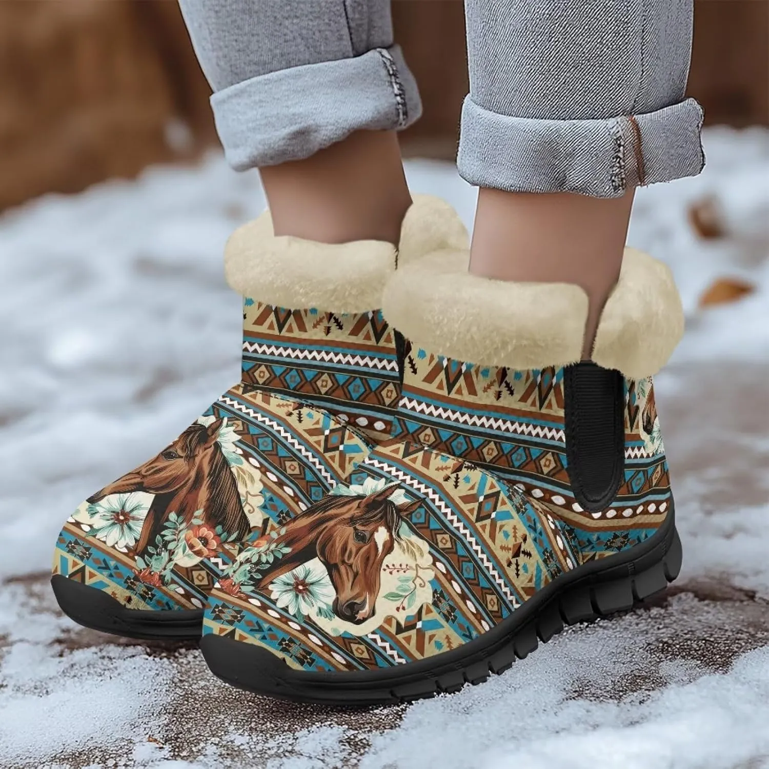 Women's Animal Print Snow Boots Winter Warm Ankle Booties Casual Anti Slip House Shoes with Fuzzy Lining