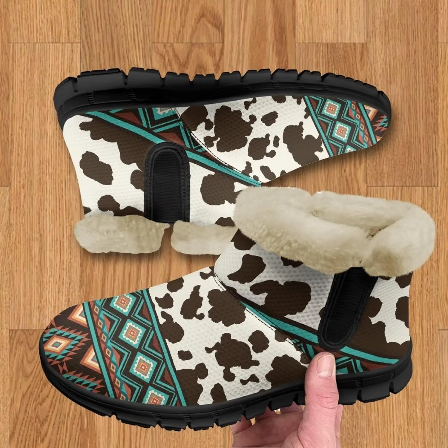 Women's Animal Print Snow Boots Winter Warm Ankle Booties Casual Anti Slip House Shoes with Fuzzy Lining