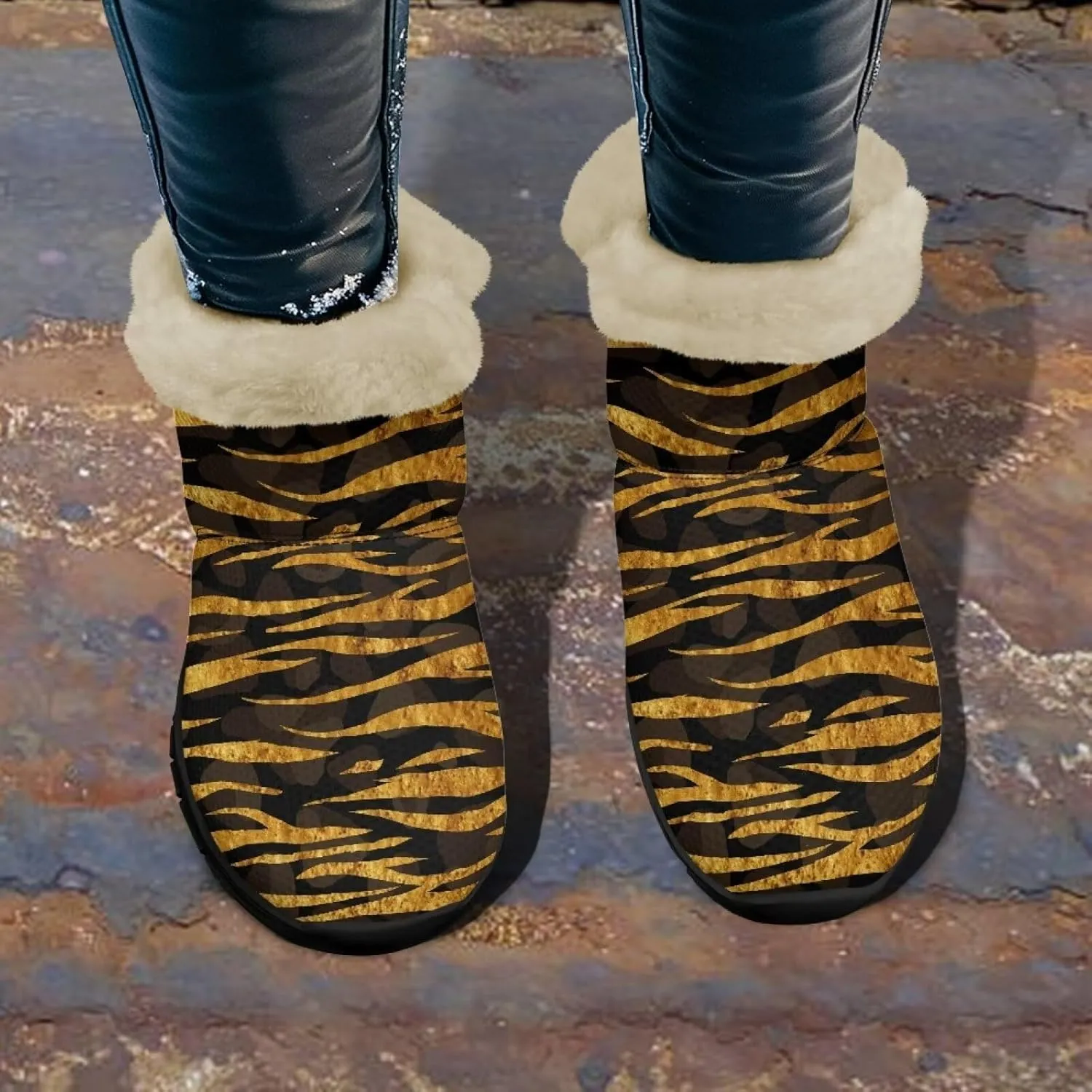 Women's Animal Print Snow Boots Winter Warm Ankle Booties Casual Anti Slip House Shoes with Fuzzy Lining