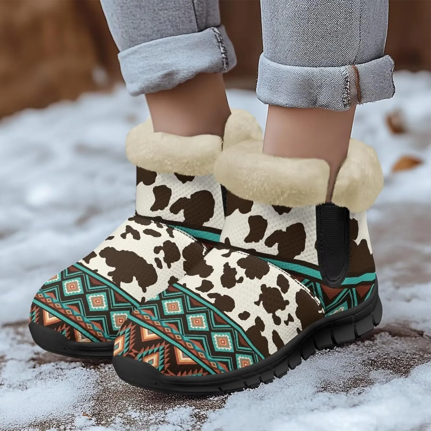 Women's Animal Print Snow Boots Winter Warm Ankle Booties Casual Anti Slip House Shoes with Fuzzy Lining
