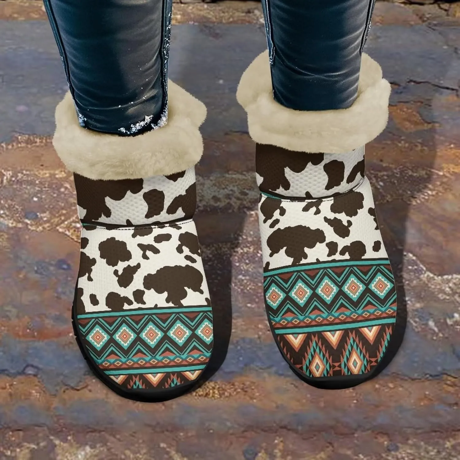 Women's Animal Print Snow Boots Winter Warm Ankle Booties Casual Anti Slip House Shoes with Fuzzy Lining
