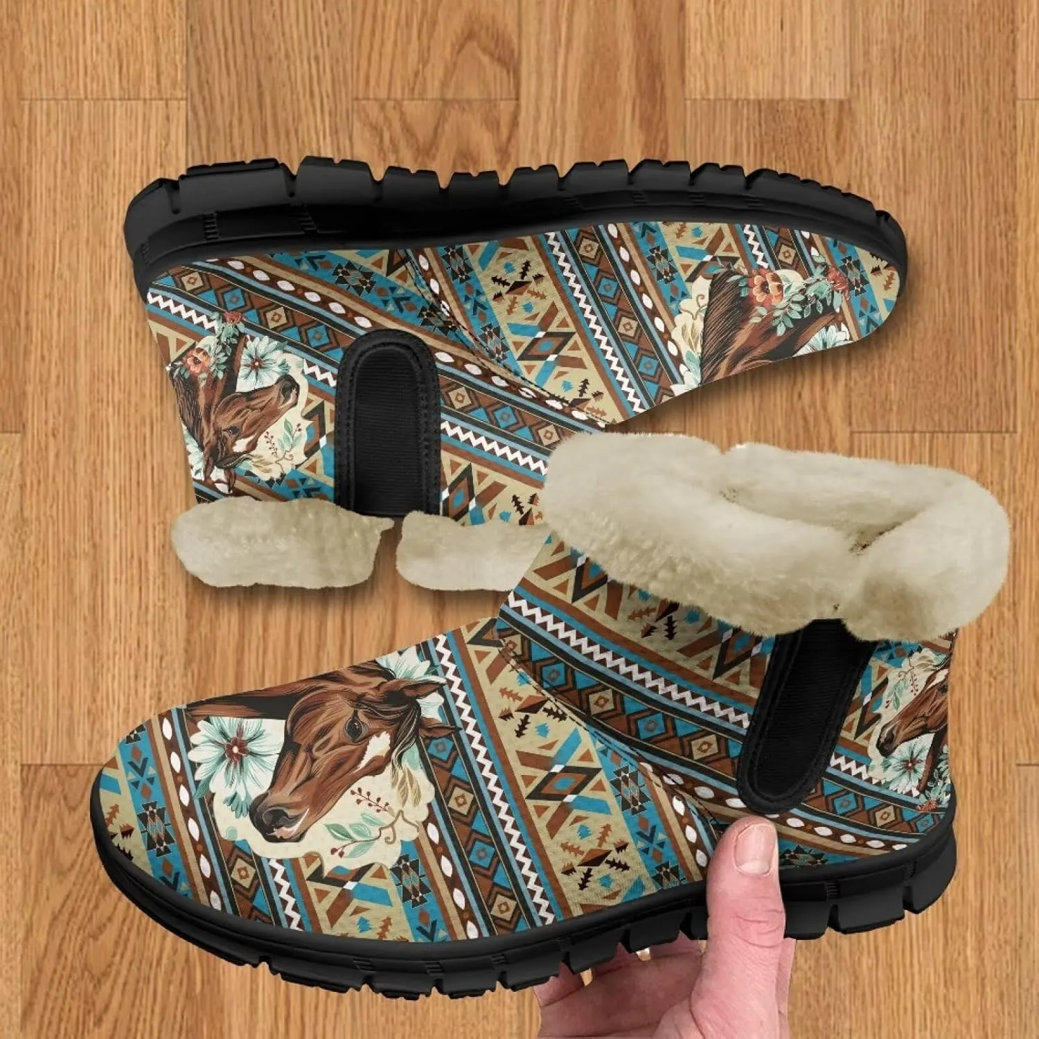 Women's Animal Print Snow Boots Winter Warm Ankle Booties Casual Anti Slip House Shoes with Fuzzy Lining