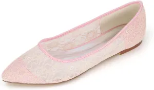 Womens Ballet Flat Elegant Lace Satin Pointed Toe Flats Slip on Bridal Wedding Bridesmaid Prom Shoes