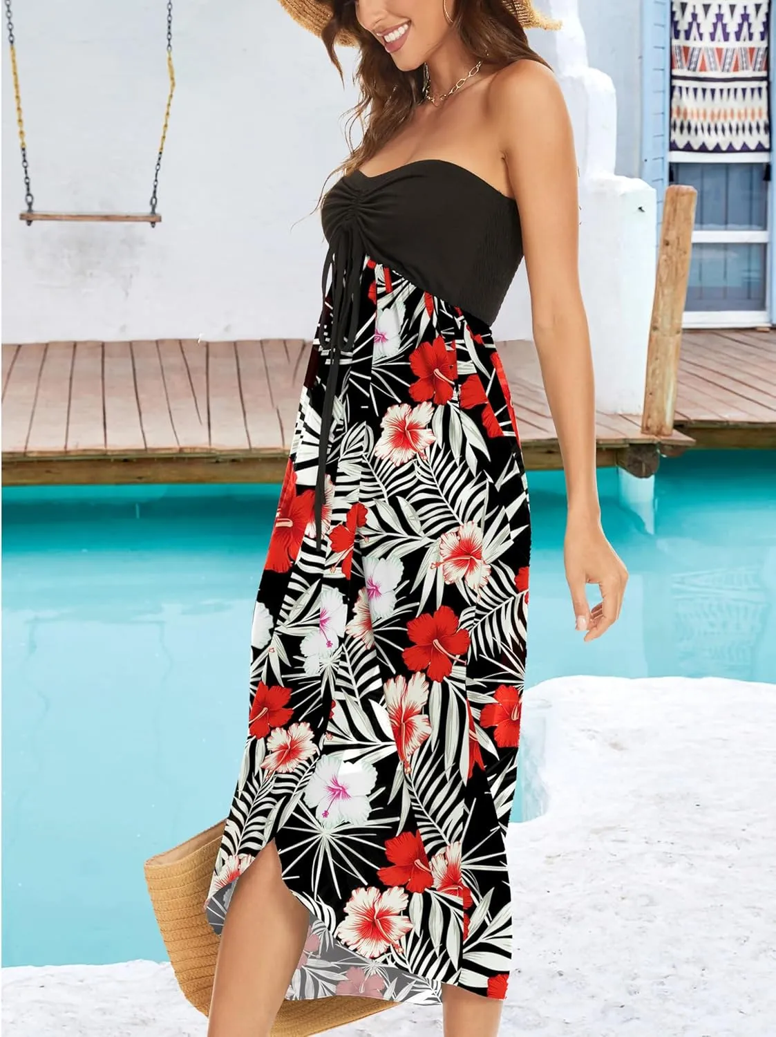 Women's Beach Dress Summer Maxi Sundress Strapless Hawaiian Cover Ups Asymmetrical Wrap Dresses
