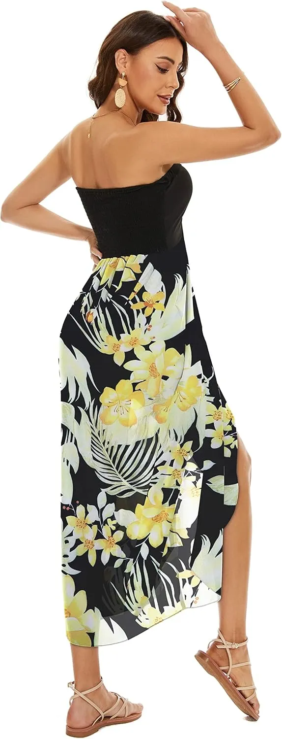 Women's Beach Dress Summer Maxi Sundress Strapless Hawaiian Cover Ups Asymmetrical Wrap Dresses